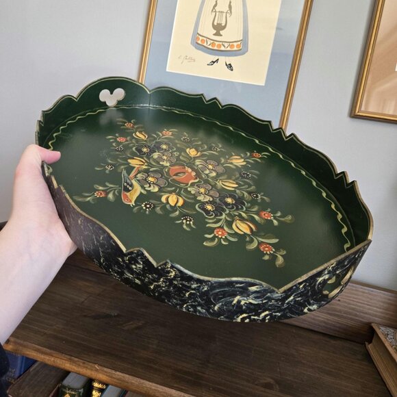 Handpainted Hindeloopen Wooden Tray w Handles Bird Flowers Dutch Floral Folk Art - Picture 7 of 10